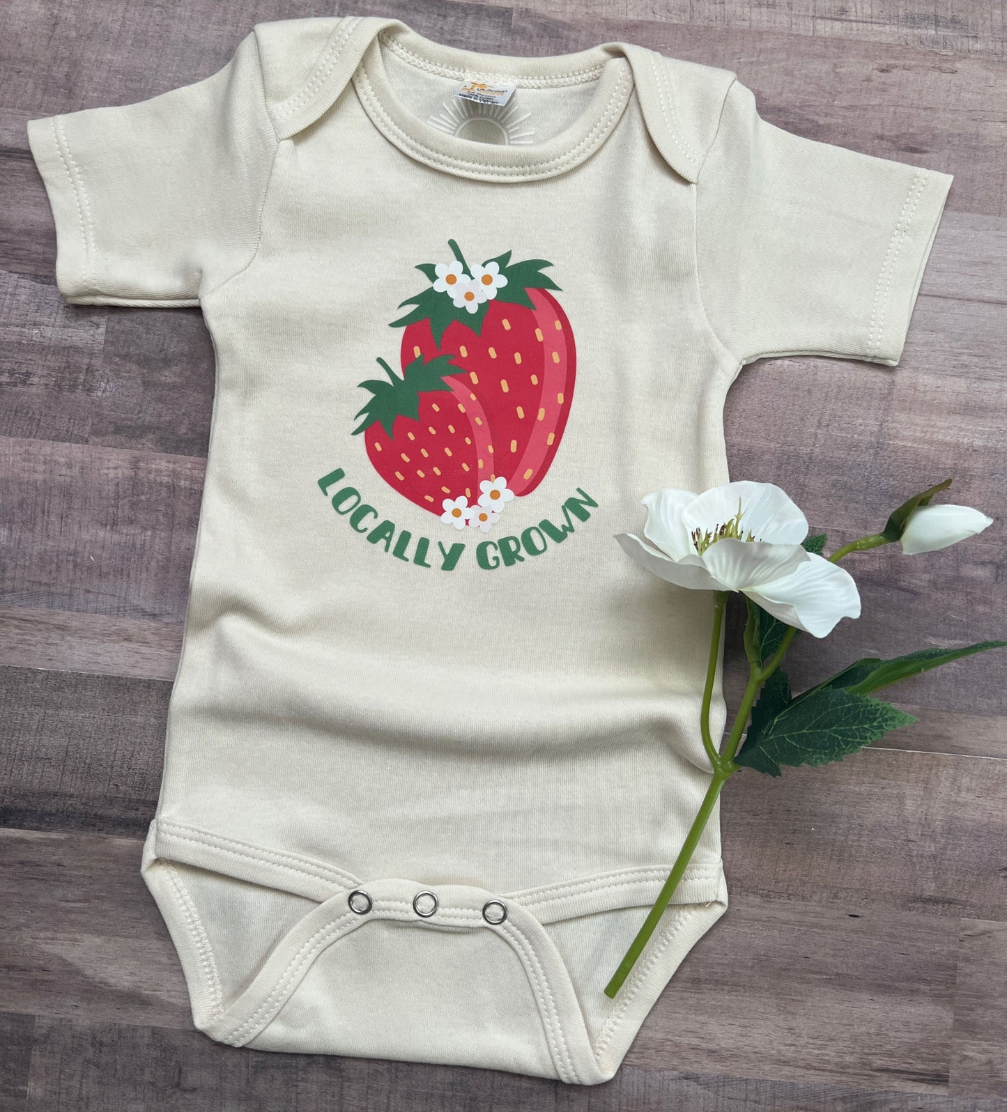 'Locally Grown' strawberry baby girl bodysuit