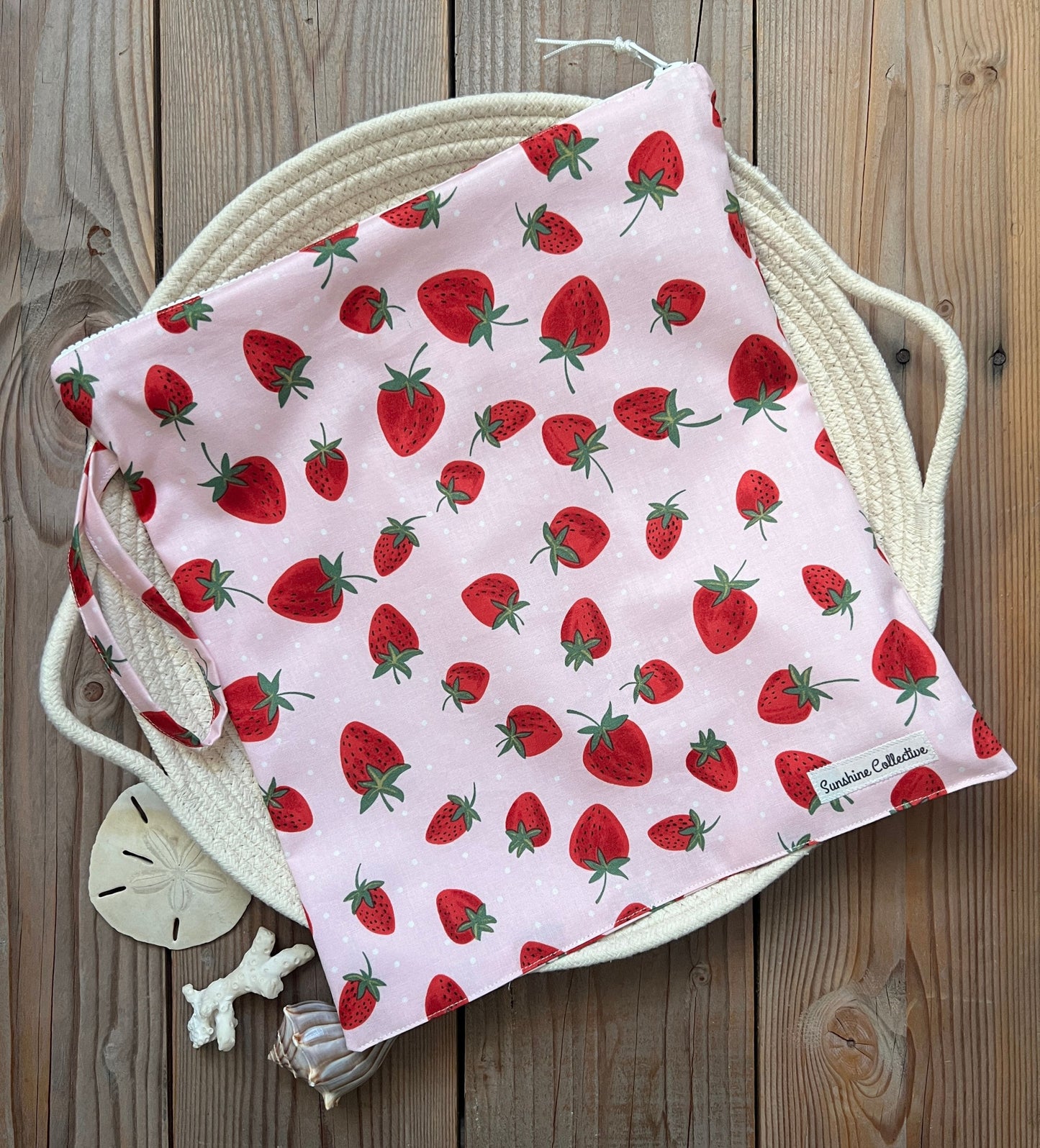 Strawberry print wet bag, waterproof lined zipper bag