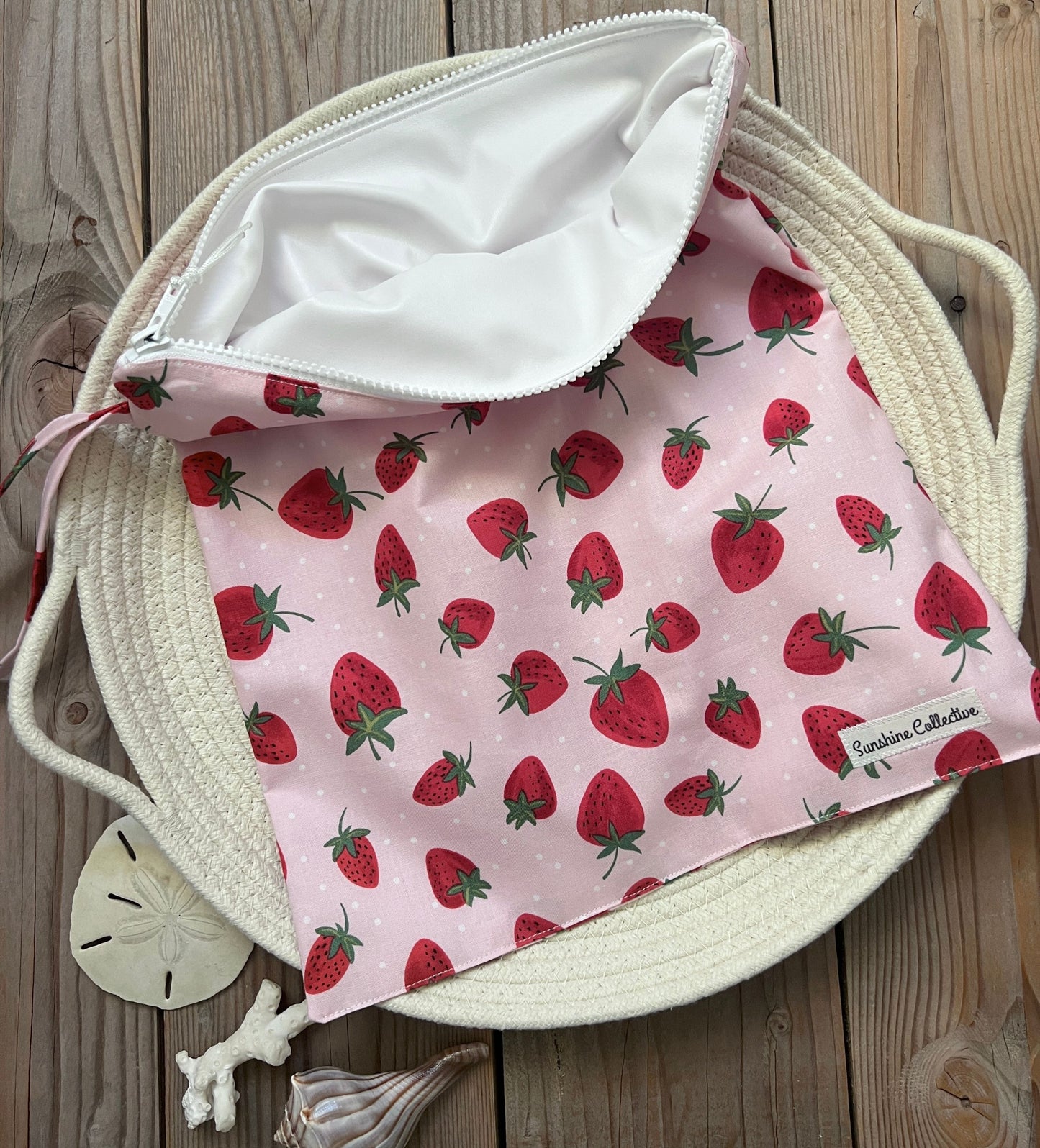 Strawberry print wet bag, waterproof lined zipper bag