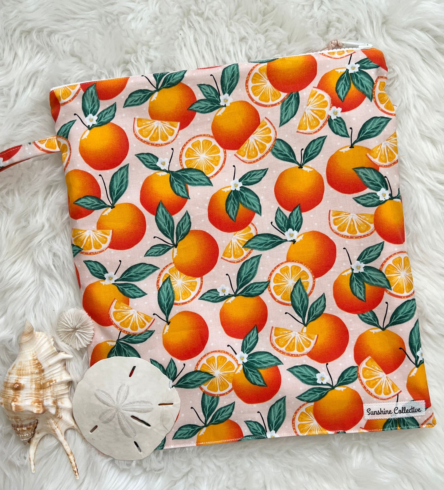 Orange print wet bag, waterproof lined zipper bag