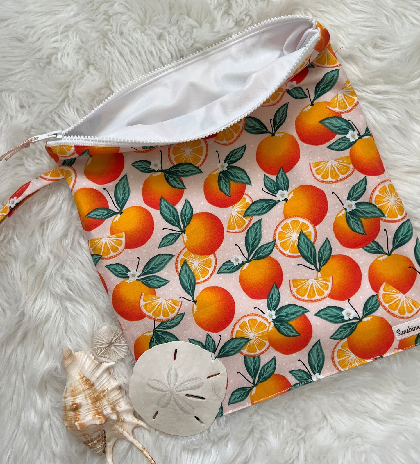 Orange print wet bag, waterproof lined zipper bag