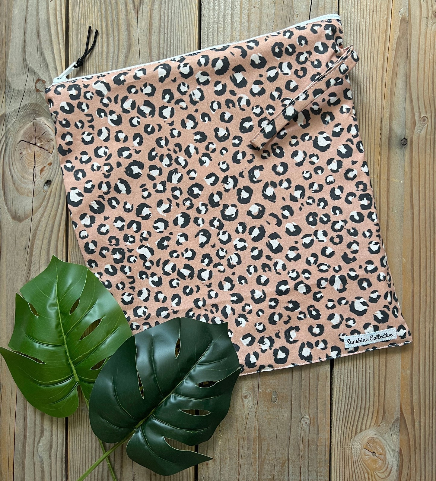 Leopard print wet bag, waterproof lined zipper bag