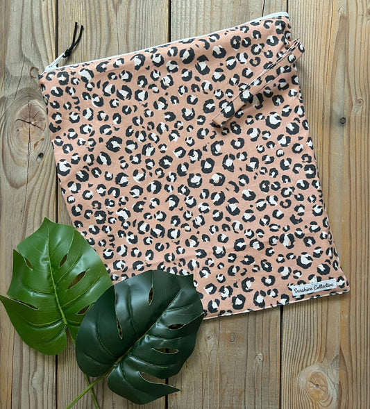 Leopard print wet bag, waterproof lined zipper bag