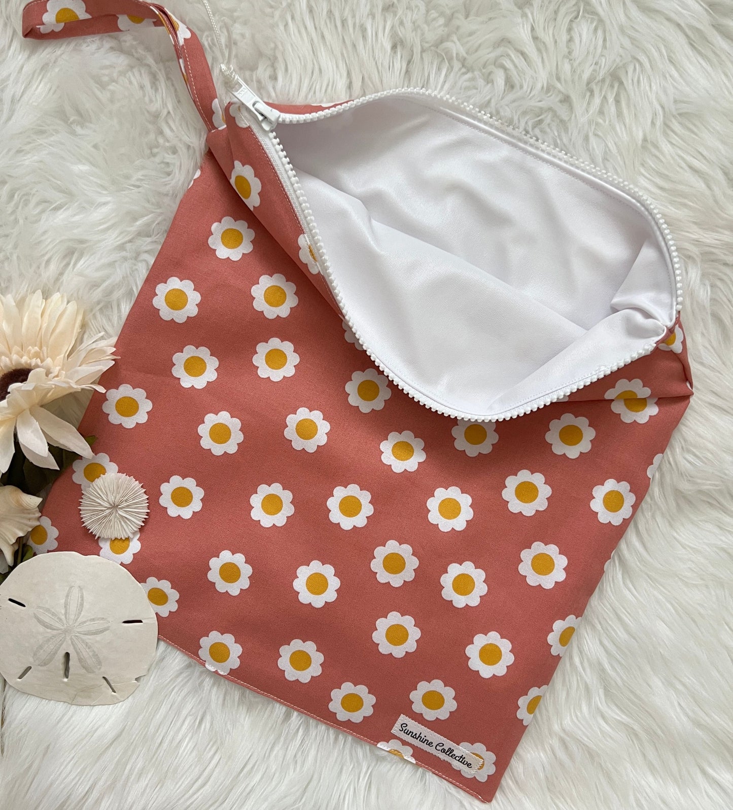 Daisy print wet bag, waterproof lined zipper bag