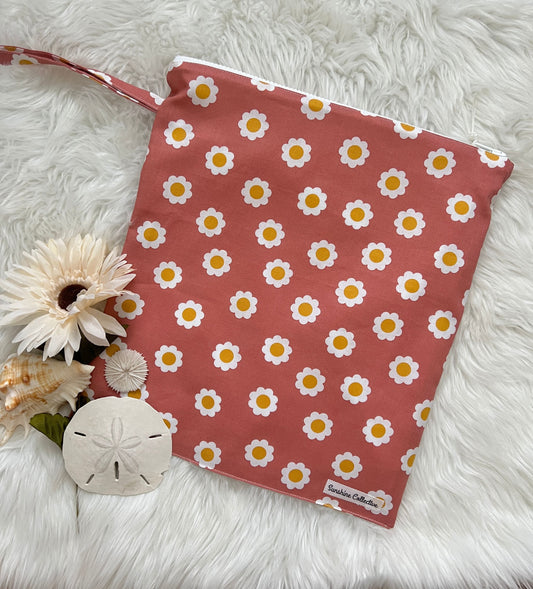 Daisy print wet bag, waterproof lined zipper bag