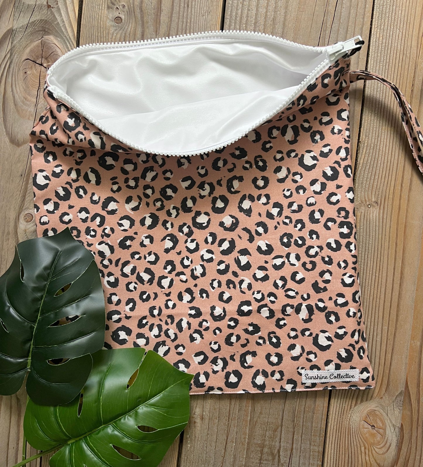 Leopard print wet bag, waterproof lined zipper bag